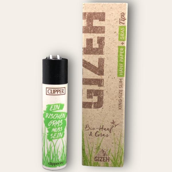 Gizeh Hanf Paper + Gras Tips + Clipper Feuerzeug